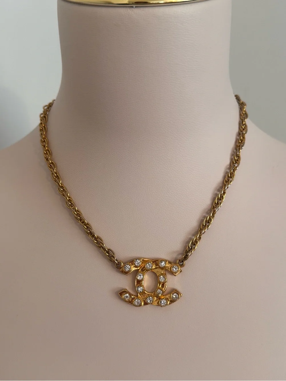 CHANEL Gold-Tone CC Logo Necklace with Clear Crystals